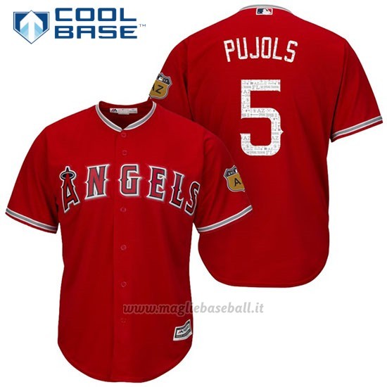 Maglia Baseball Uomo Los Angeles Angels Albert Pujols 5 Scarlet 2017 Allenamento Primaverile Cool Base Giocatore